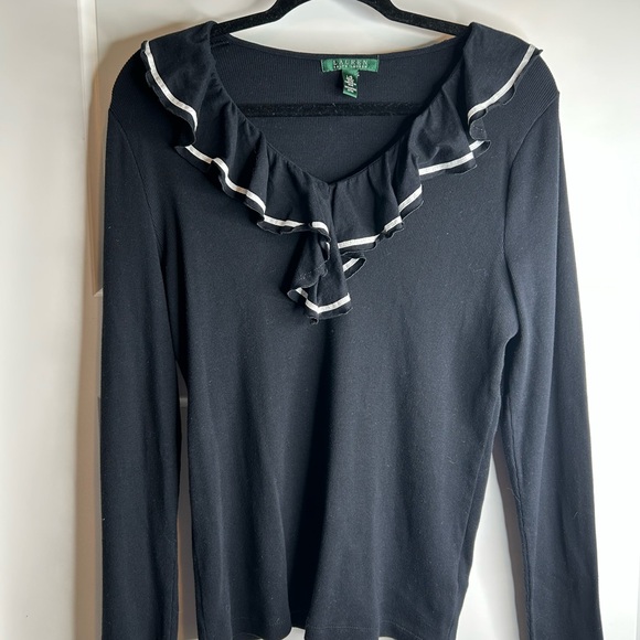 Lauren Ralph Lauren Size Large Long Sleeve Ruffle Front Top Black Preppy 5371 - Picture 1 of 7